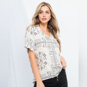 THML Paisley Linen Blend Button Down Top Sz S